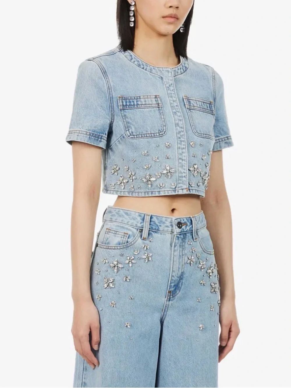 Self-Portrait Crystal-Embellished Cropped Denim Top size 2